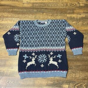 Vintage Fair Isle Nordic Deer Snowflake Sweater Womens Large (14-16) Blue Ski
